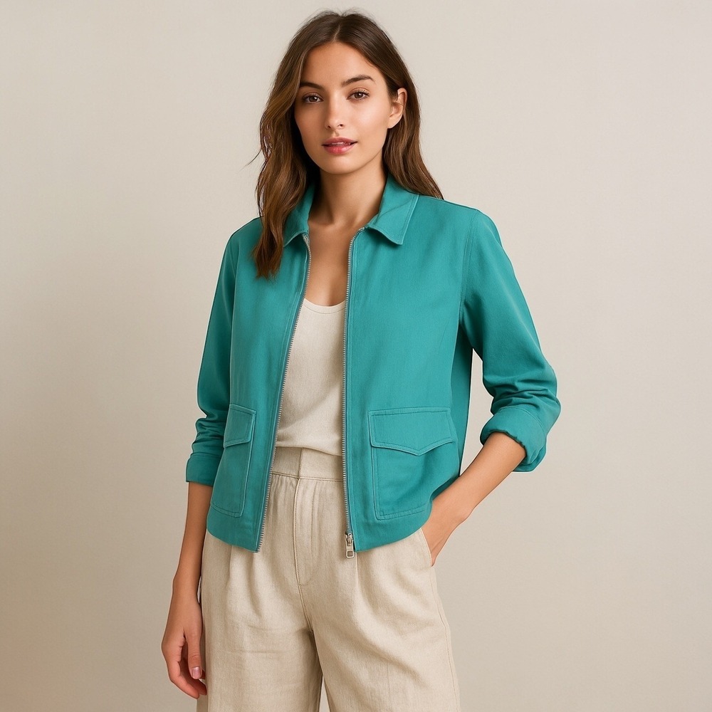 Lafayette 148 New York Teal Green Cotton Blend Zip Front Jacket Sz 8 Minimalist